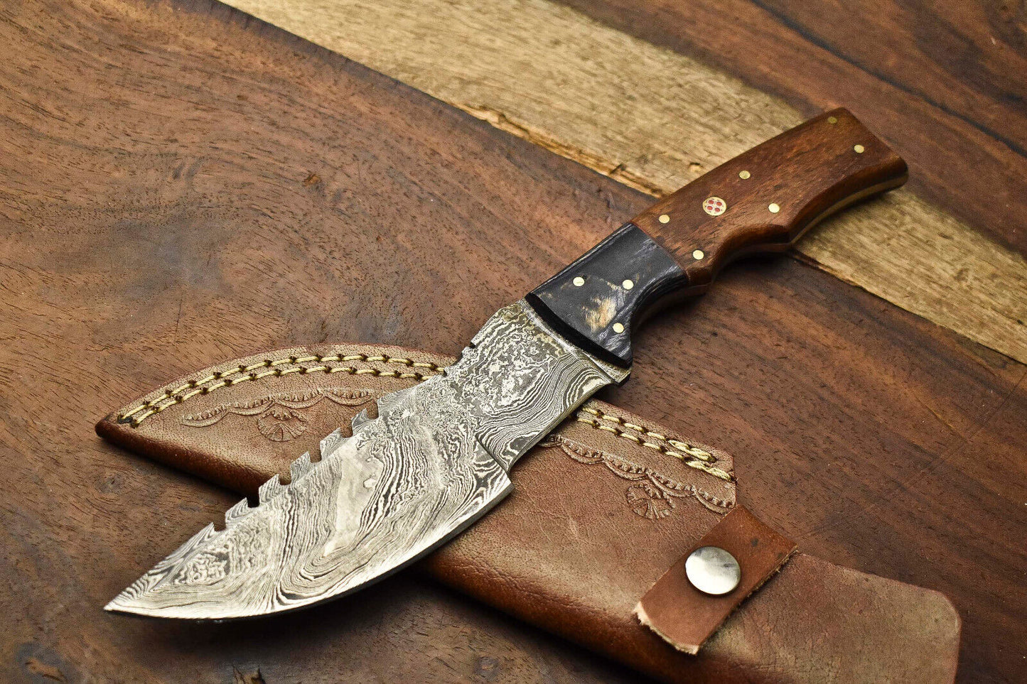 10.0" Handmade Damascus Steel Tracker Knife – Full Tang Hardwood Handle with Leather Sheath | Camping, Hunting & Survival Knife