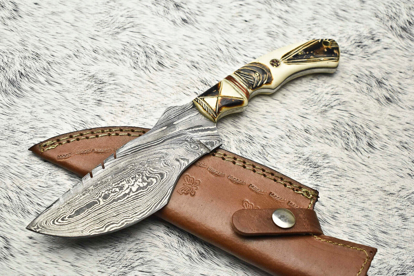 10.0" Handmade Damascus Steel Tracker Knife – Full Tang Hunting, Camping & Survival Knife with Hardwood Handle & Leather Sheath