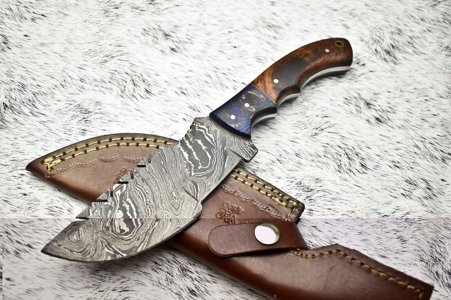10.0" Handmade Damascus Steel Tracker Knife | Hardwood Handle & Leather Sheath