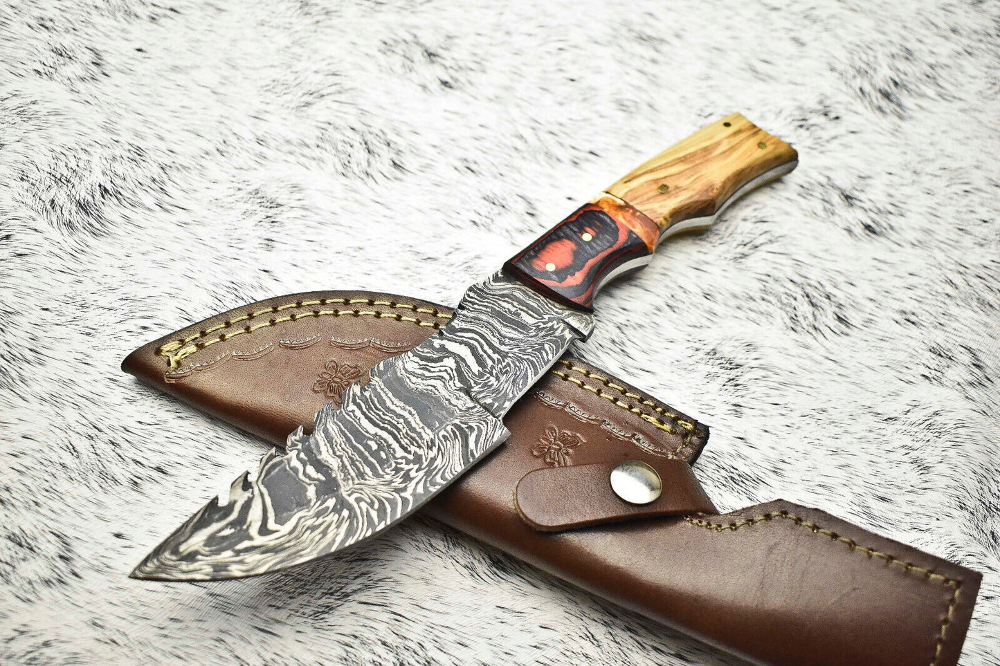 10.0" Handmade Damascus Tracker Knife | Olive Wood Handle & Leather Sheath