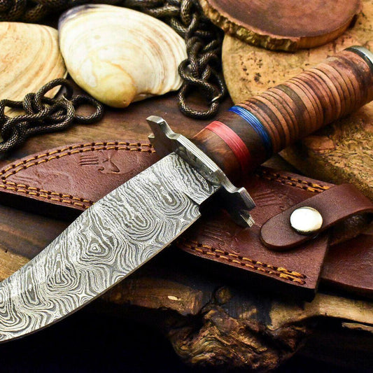 10.5" Damascus Steel Bowie Knife – Stacked Leather Handle & Leather Sheath