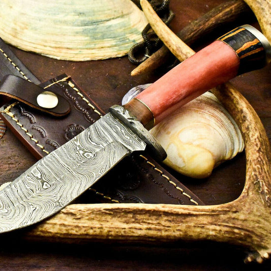 10" Damascus Bowie Knife – Camel Bone Handle & Leather Sheath