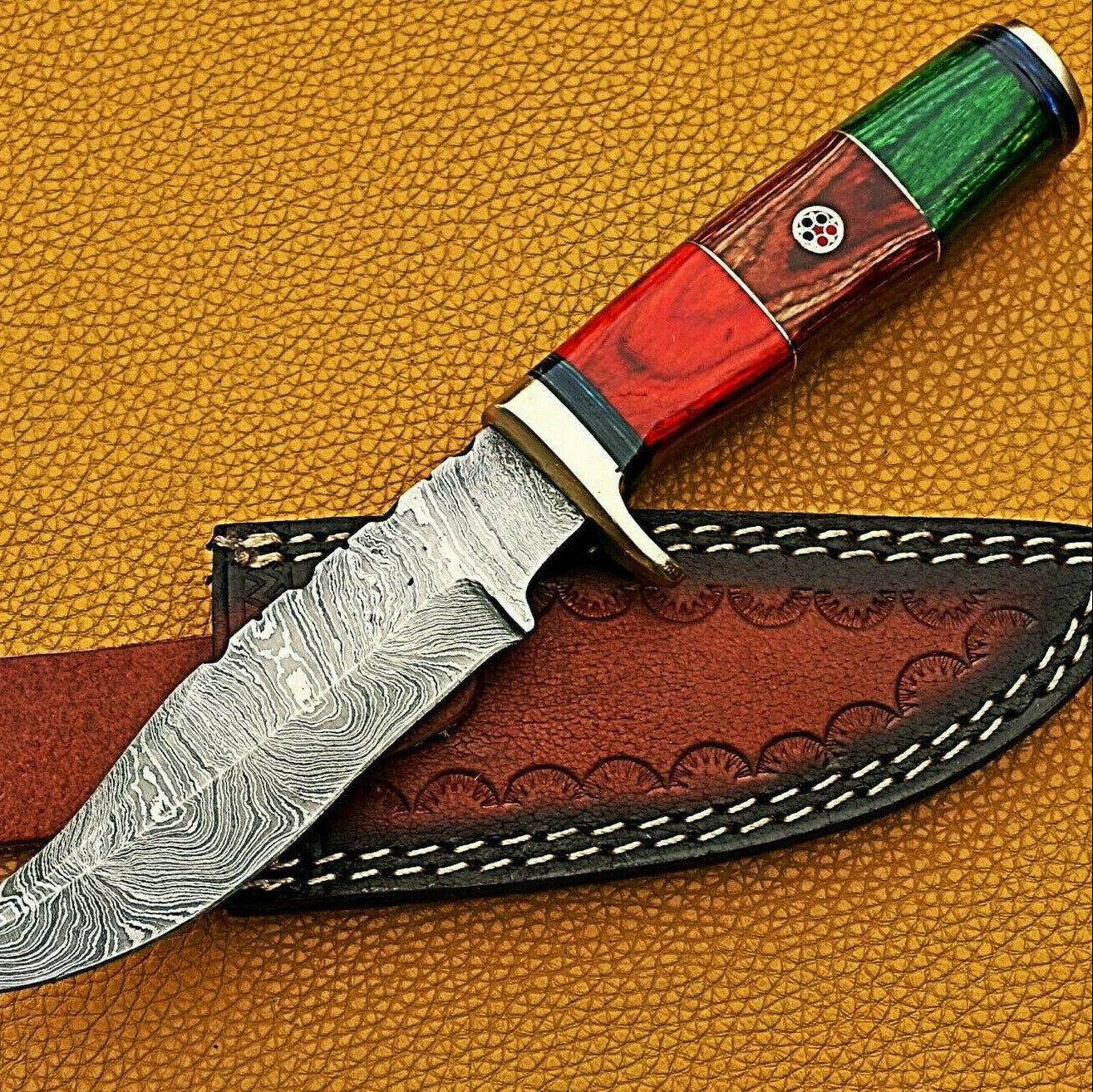 10" Damascus Steel Bowie Knife – Wood & Brass Handle | Handmade Twist Pattern Blade
