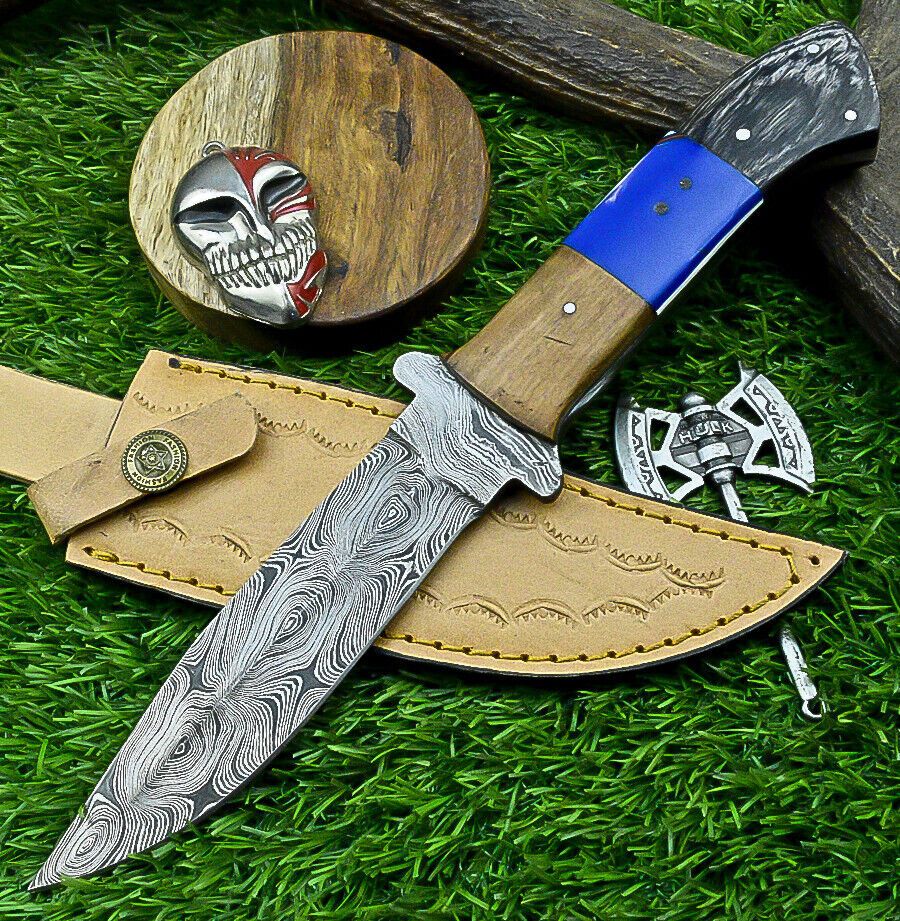 10" Damascus Steel Bowie Knife with Resin Wood Handle & Leather Sheath