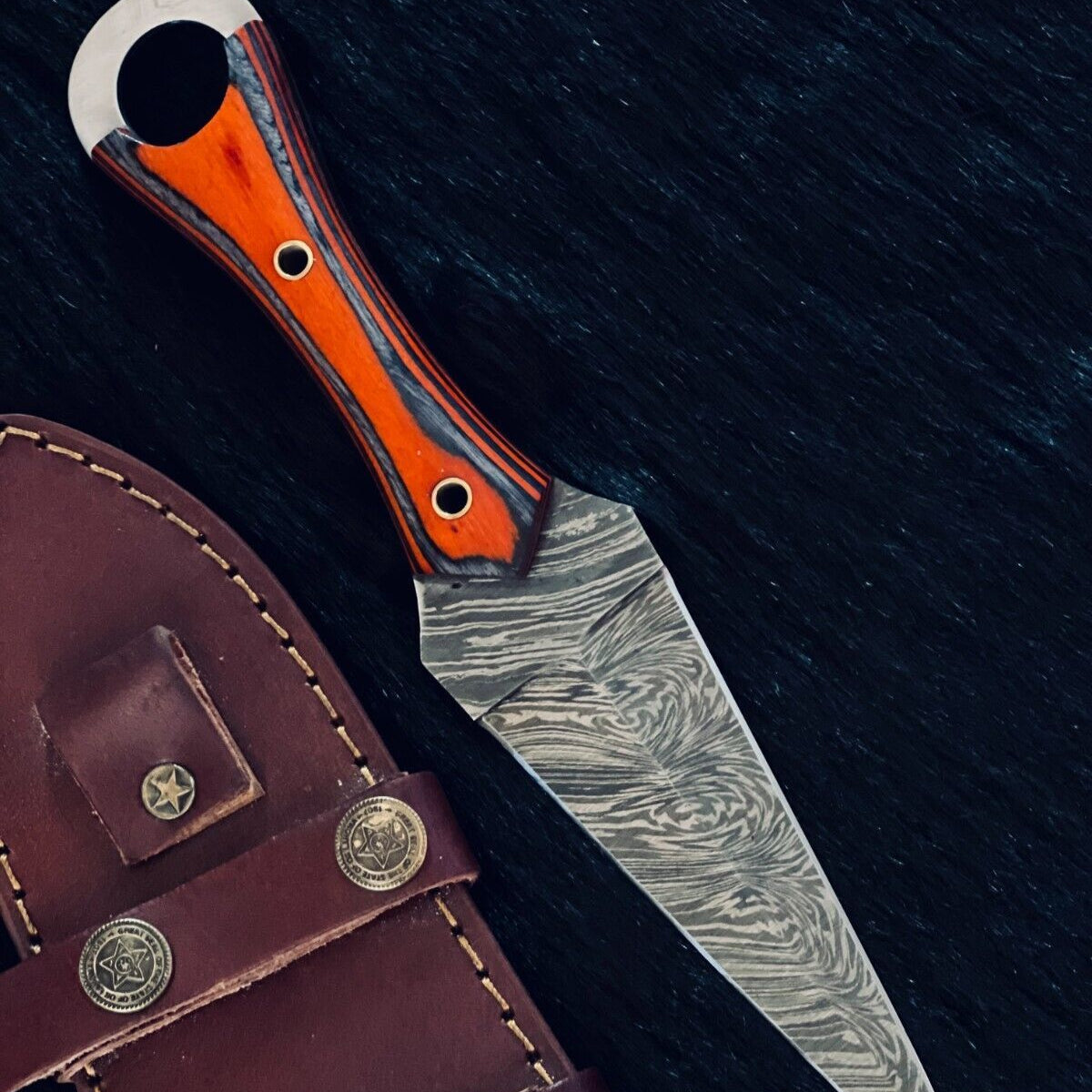 10" Fire Damascus Steel Dagger Bowie Knife – Wood Handle