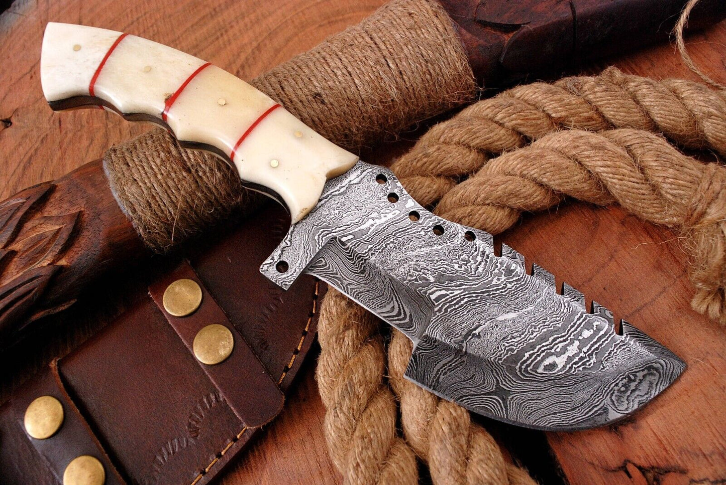 10" Handmade Damascus Steel Tracker Knife – Survival Hunting Fixed Blade Bushcraft EDC with Leather Sheath