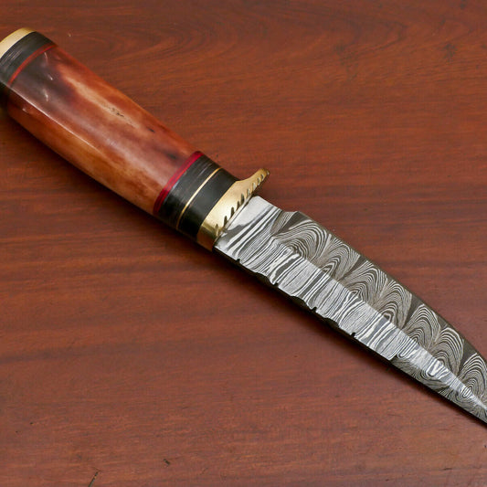 10 Inch Custom Damascus Steel Hunting Knife with Camel Bone and Pakka Wood Handle Brass Guard