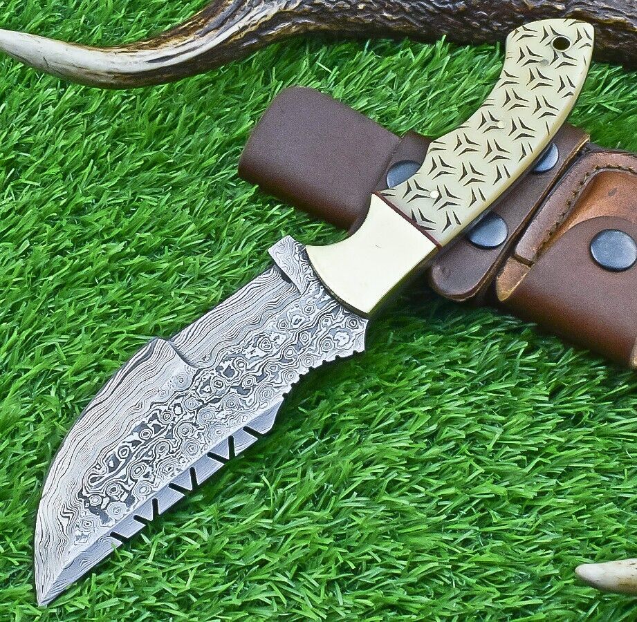 10 Inch Damascus Tracker Bowie Knife with Camel Bone Handle and Brass Bolster