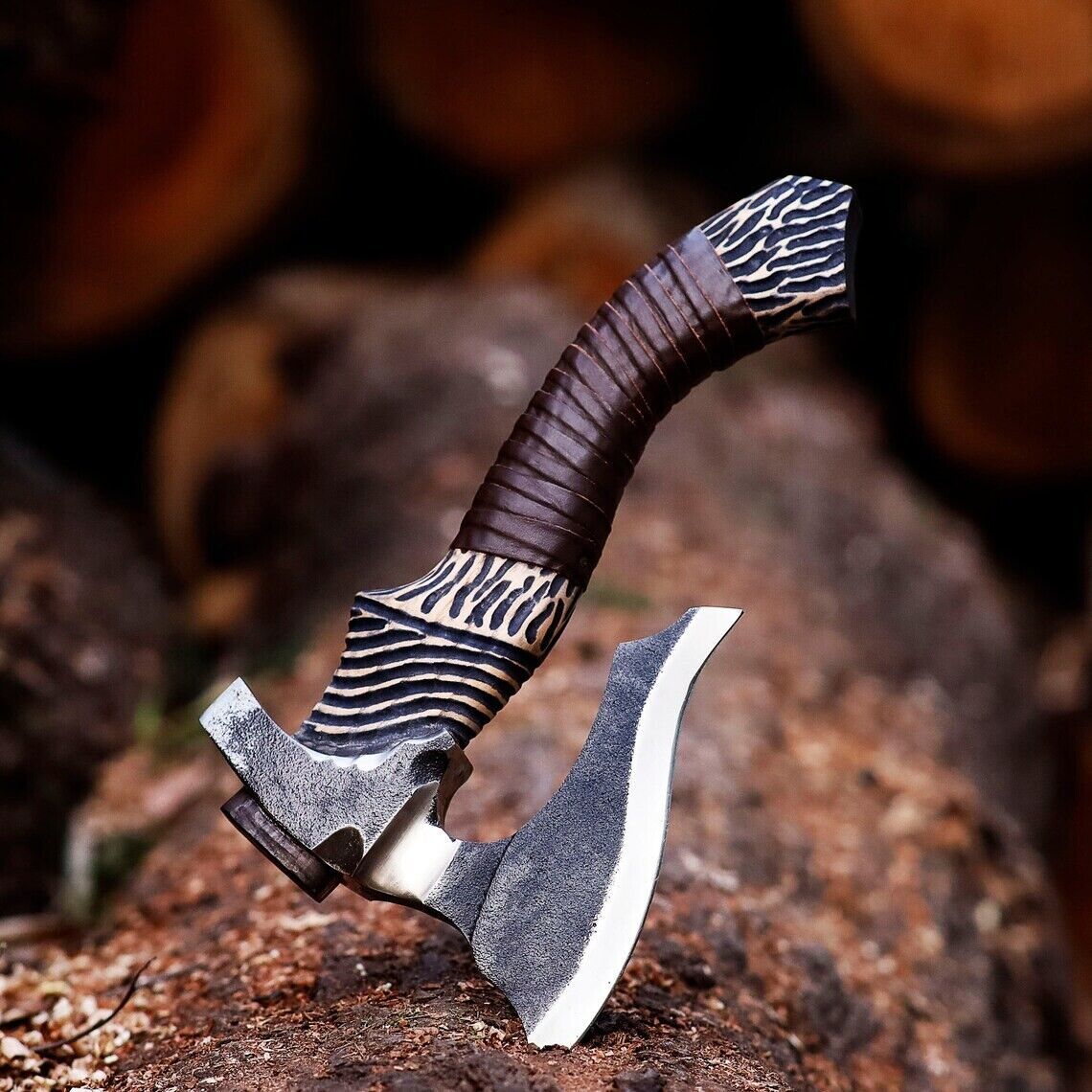 10 Inch Hand Forged Carbon Steel Viking Bearded Hatchet with Wood Handle and Leather Sheath