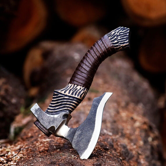 10 Inch Hand Forged Carbon Steel Viking Bearded Hatchet with Wood Handle and Leather Sheath