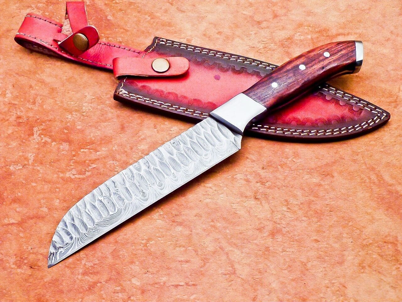 10" Professional Handmade Damascus Steel Chef Kitchen Knife with Hard Wood Handle + Leather Sheath