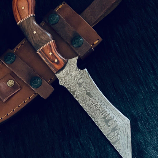 10" Raindrop Damascus Tanto Bowie Knife – Wood Handle