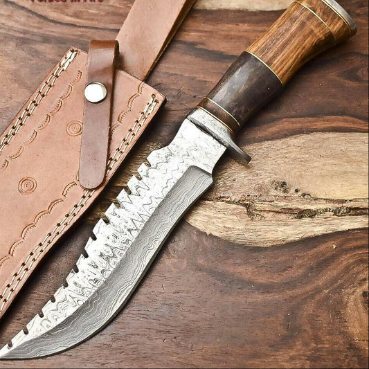12.5" Handmade Damascus Steel Bowie Hunting Knife – Camel Bone & Wood Handle