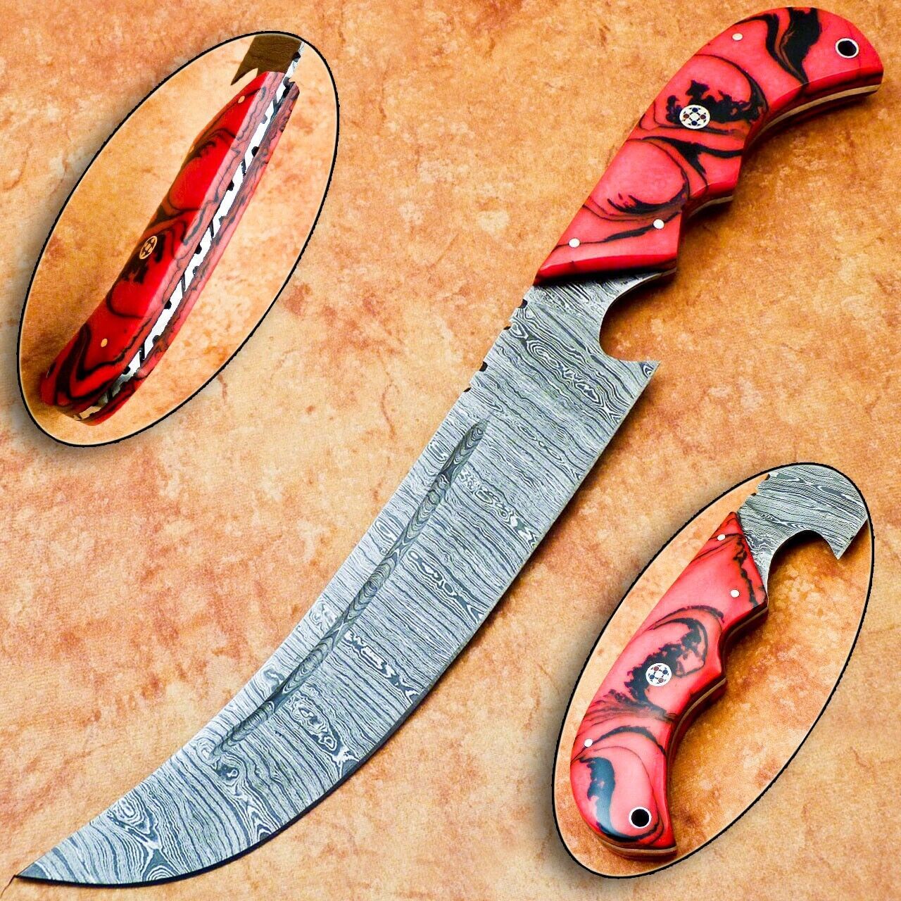 12" Custom Hand Forged Damascus Steel Chef Kitchen Knife with Resin Handle & File Work