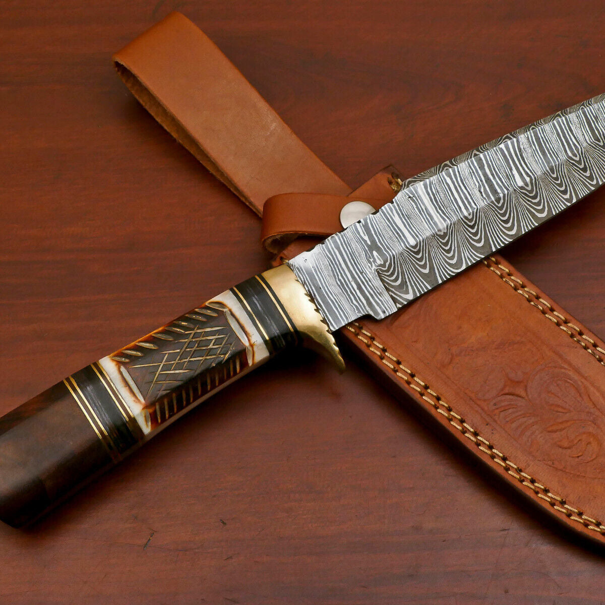 12" Custom Handmade Damascus Steel Bowie Hunting Knife | Camel Bone & Rosewood Handle