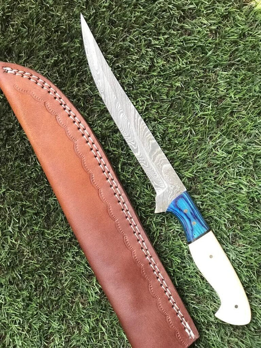 12" Custom Handmade Damascus Steel Fillet, Chef & Hunting Knife with Leather Sheath