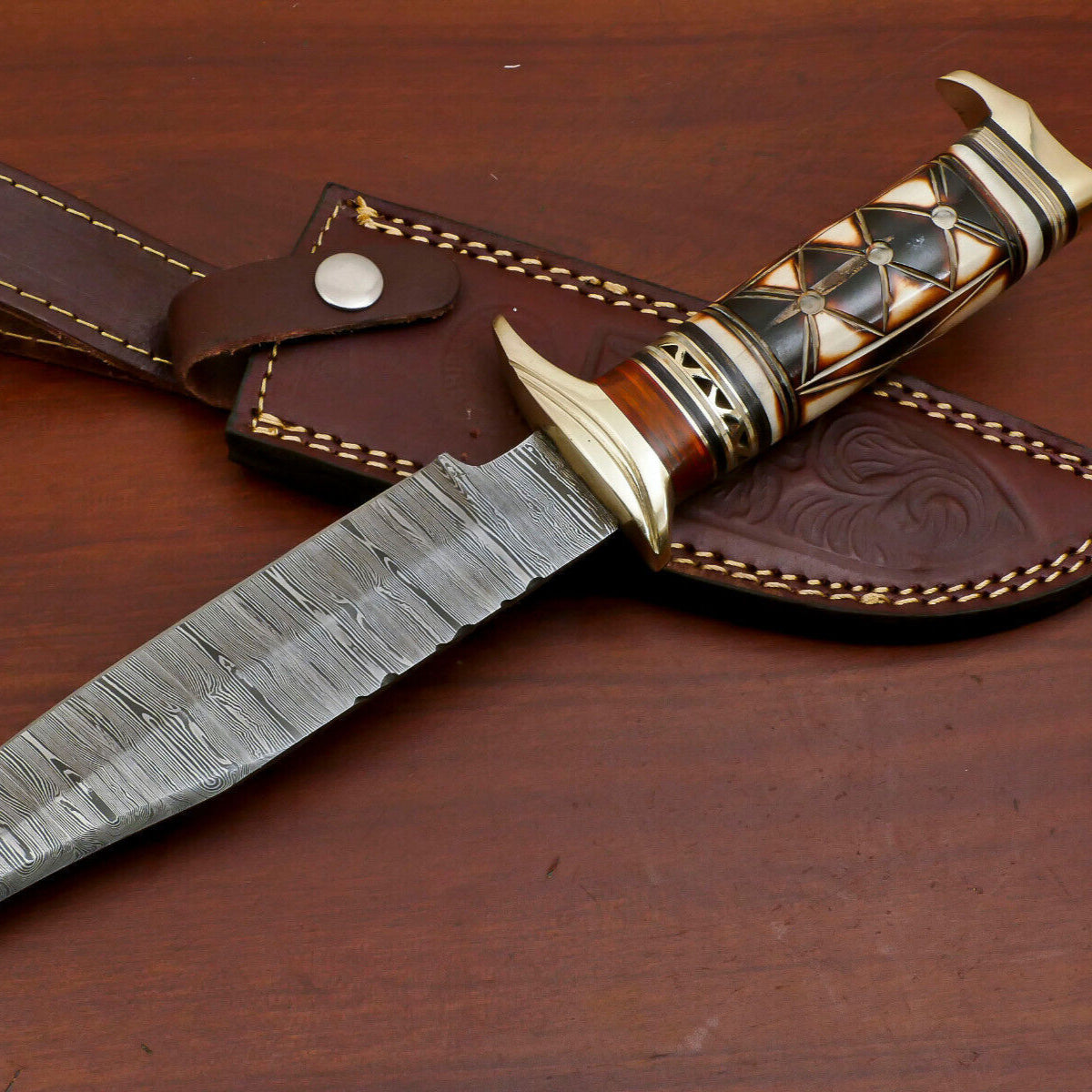 12" Damascus Bowie Knife with Burn Camel Bone & Pakka Wood Handle