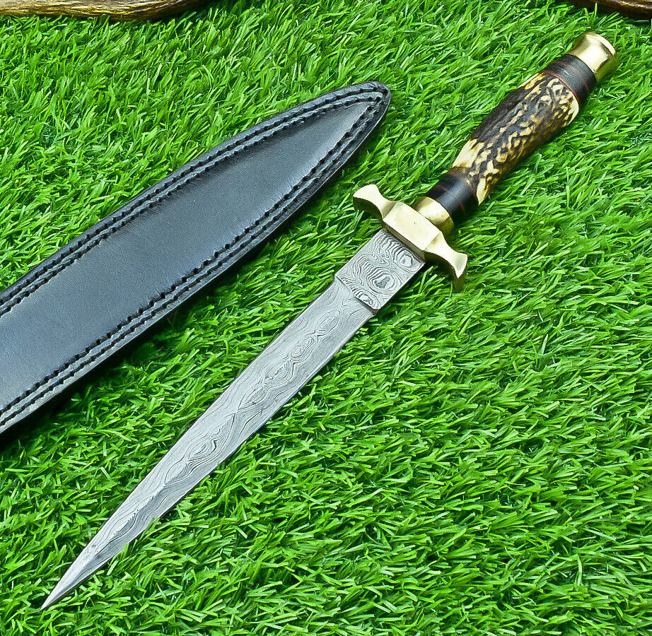 12" Damascus Dagger Bowie Knife – Stag Antler Handle with Brass Bolster