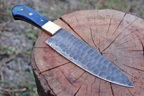 12" Hand Forged Damascus Steel Chef Knife with Wood & Brass Bolster Handle