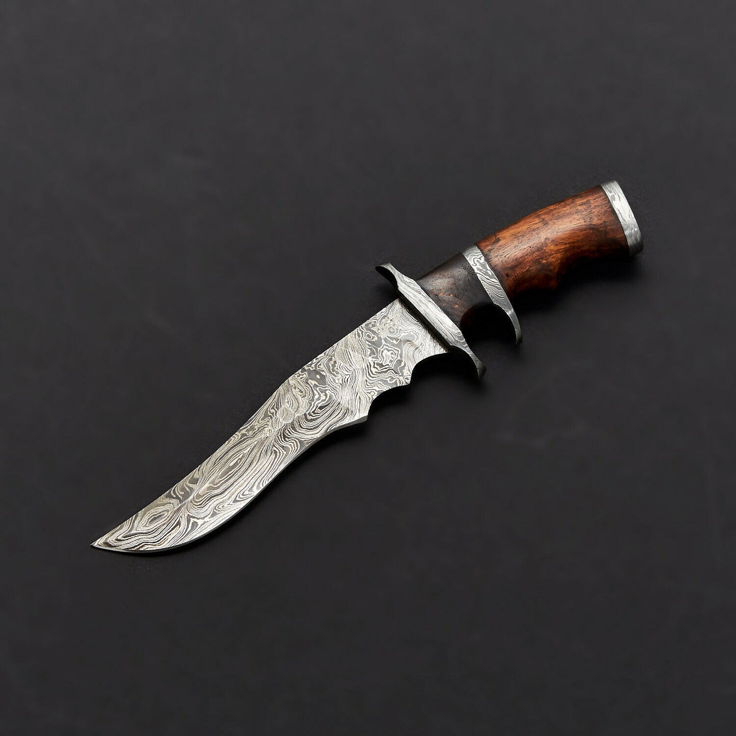 12" Handmade Damascus Steel Bowie Knife – Buffalo Horn & Wood Handle + Leather Sheath