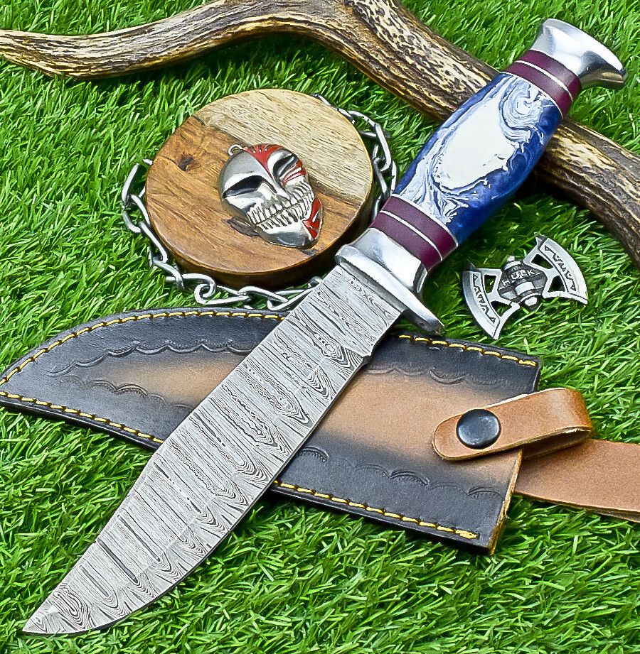 12" Handmade Damascus Steel Bowie Knife – Resin Handle & Leather Sheath