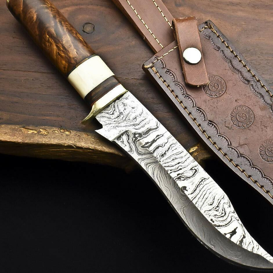 12" Handmade Damascus Steel Bowie Knife – Walnut Wood Hunting Knife with Leather Sheath