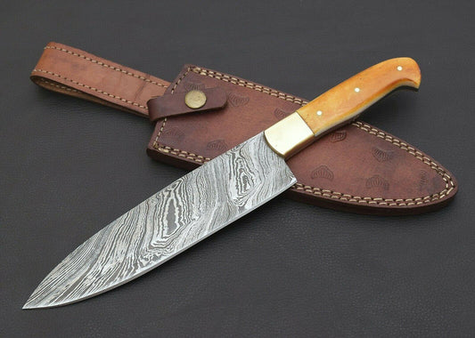 12" Handmade Damascus Steel Chef Knife – Fired Camel Bone Handle with Brass Bolster & Sheath