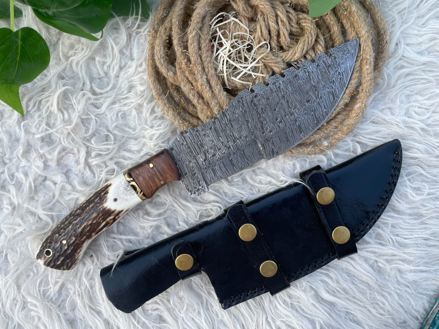 12" Handmade Damascus Steel Tracker Knife – Red Deer Stag Handle, Big Game Hunting Knife with Leather Sheath