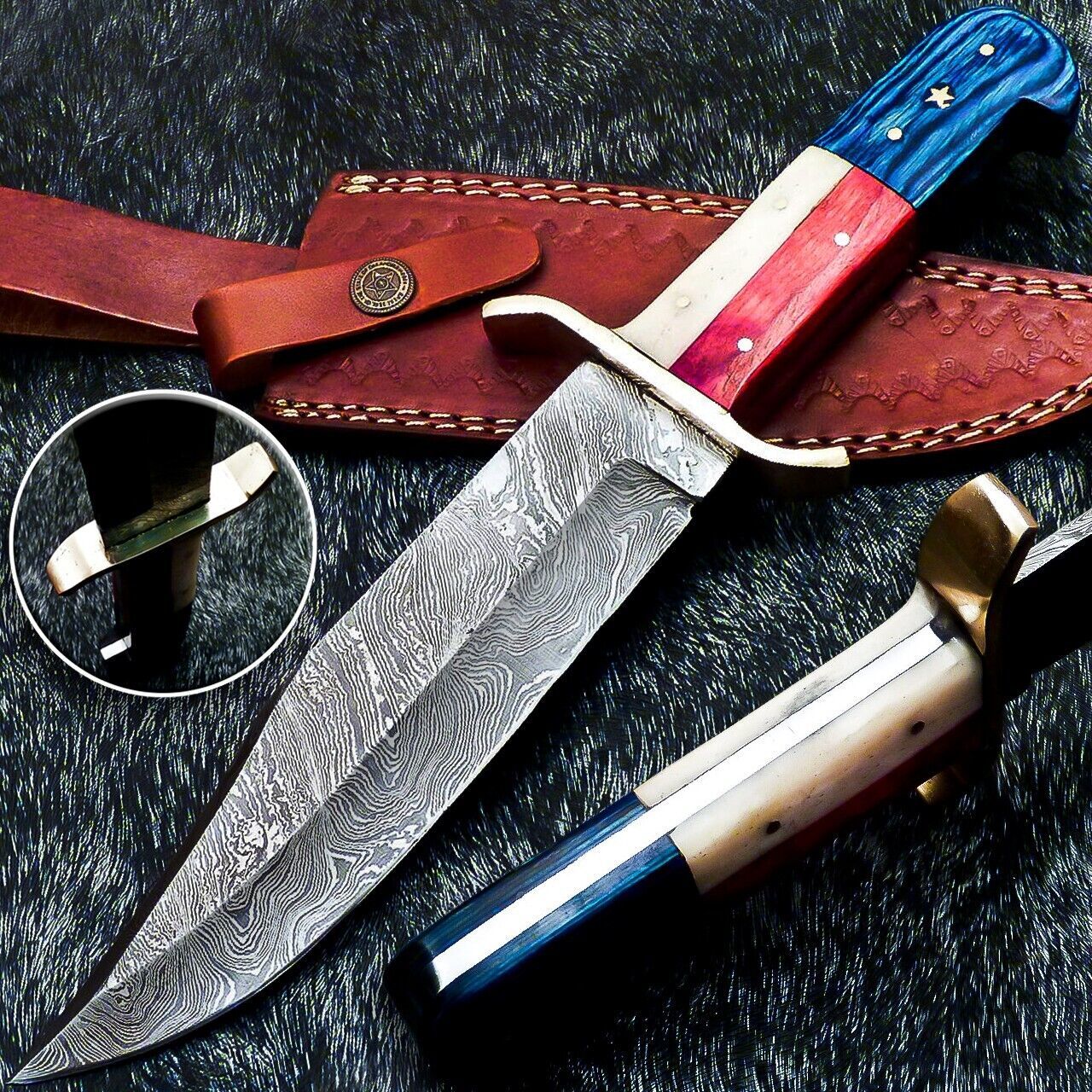 12 Inch Full Tang Damascus Bowie Knife with Camel Bone and Wood Handle