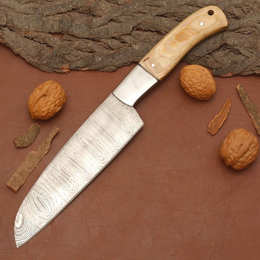 12" Kitchen Knife with Wood Handle & Leather Sheath