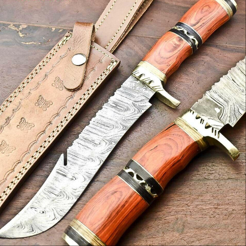 13.5" Damascus Bowie Knife – Hardwood Handle & Leather Sheath