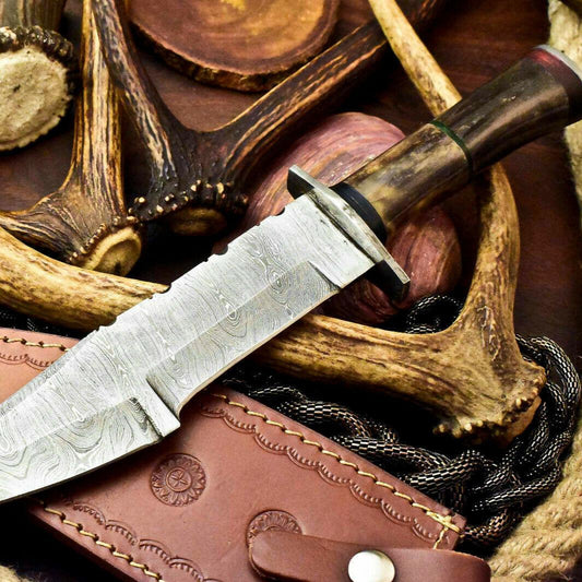 13" Custom Handmade Damascus Bowie Hunting Knife – Camel Bone Handle