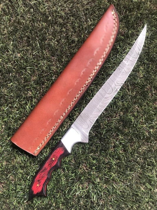 13" Custom Handmade Damascus Steel Fillet, Chef, Brisket & Hunting Knife with Leather Sheath