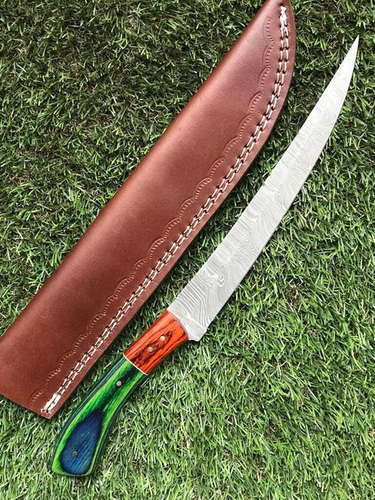 13" Custom Handmade Damascus Steel Fillet, Chef & Hunting Knife with Leather Sheath
