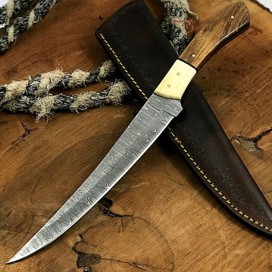 13" Custom Handmade Twist Damascus Steel Brisket Fillet Chef Hunting Knife with Leather Sheath