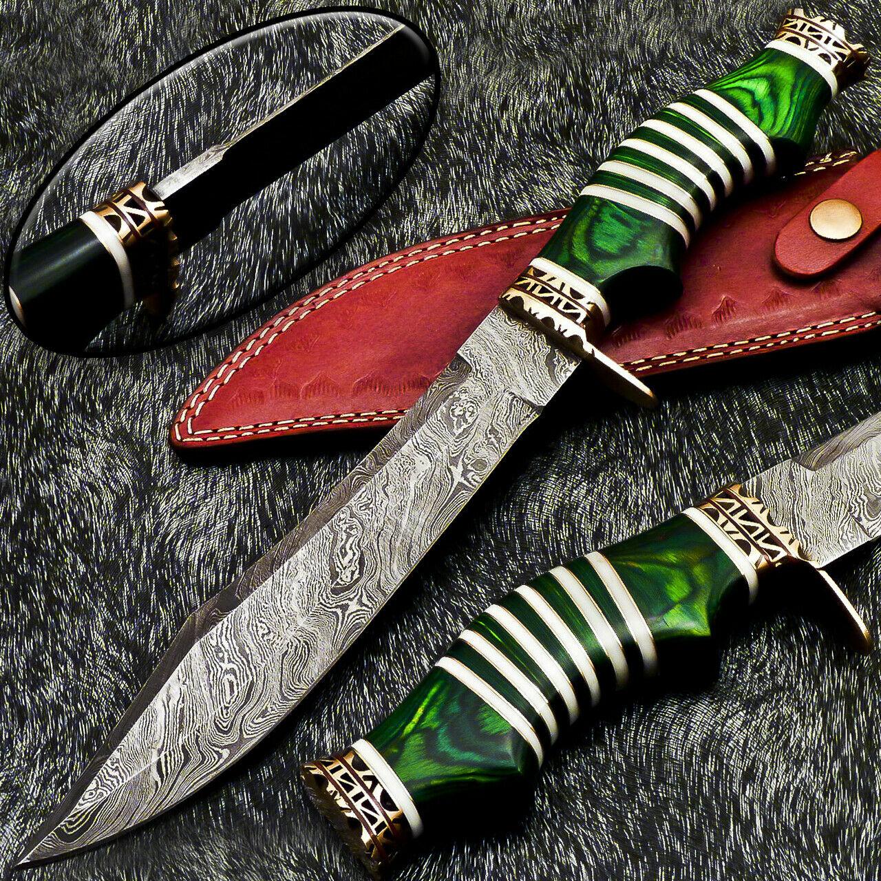 13" Damascus Bowie Knife – Hardwood Handle with Leather Sheath