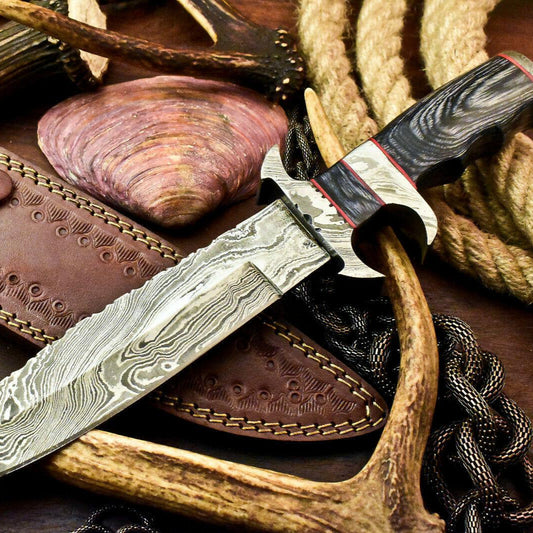 13" Damascus Steel Sub-Hilt Bowie Hunting Knife – Leather Sheath