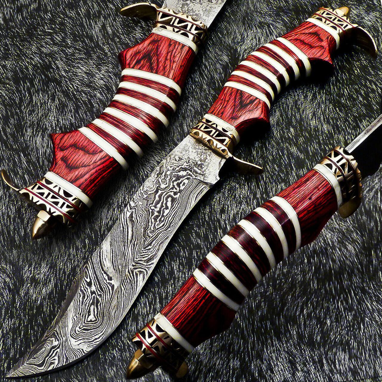 13" Handmade Damascus Bowie Hunting Knife with Hard Wood Handle