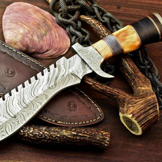 13” Handmade Damascus Bowie Knife with Camel Bone Handle