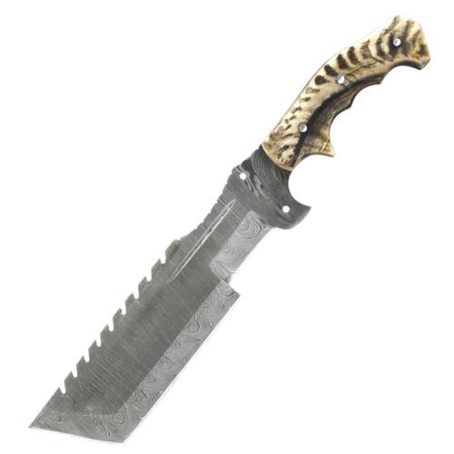 13" Handmade Damascus Steel Tracker Hunting Knife with Ram Horn Handle & Sheath