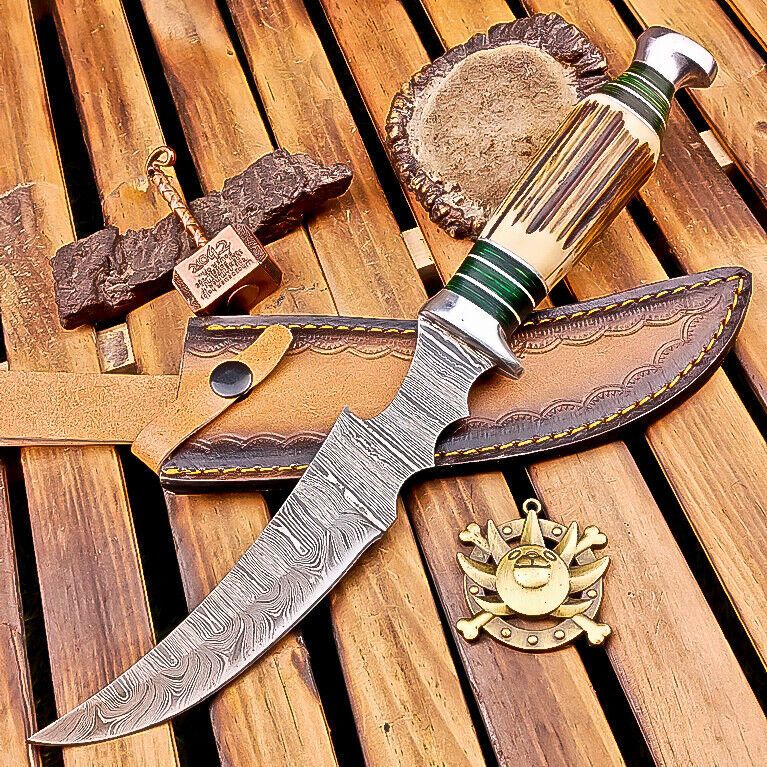 13 Inch Stag Horn Handle Damascus Bowie Knife with Leather Sheath