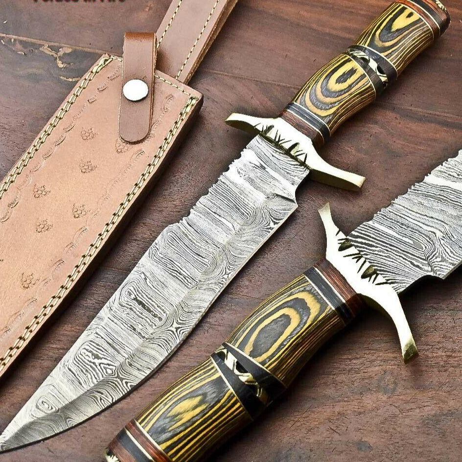 14.5" Damascus Bowie Knife with Hardwood Handle & Leather Sheath