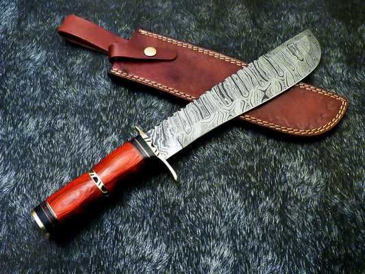 14.5" Hand-Forged Damascus Steel Bowie Hunting Knife – Hardwood Handle