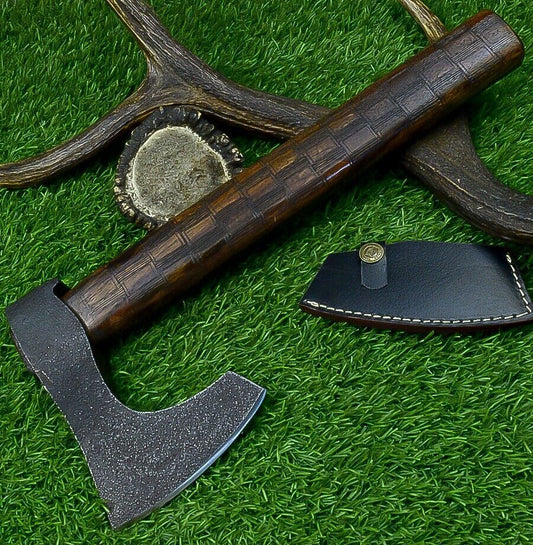 14.5 Inch Handmade Carbon Steel Viking Tomahawk Axe with Natural Wood Handle and Sheath