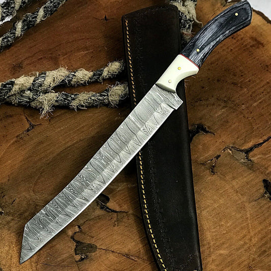 14" Custom Handmade Twist Damascus Steel Brisket Fillet Chef Hunting Knife with Leather Sheath