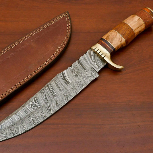14" Damascus Steel Bowie Knife – Rosewood & Olive Wood Handle