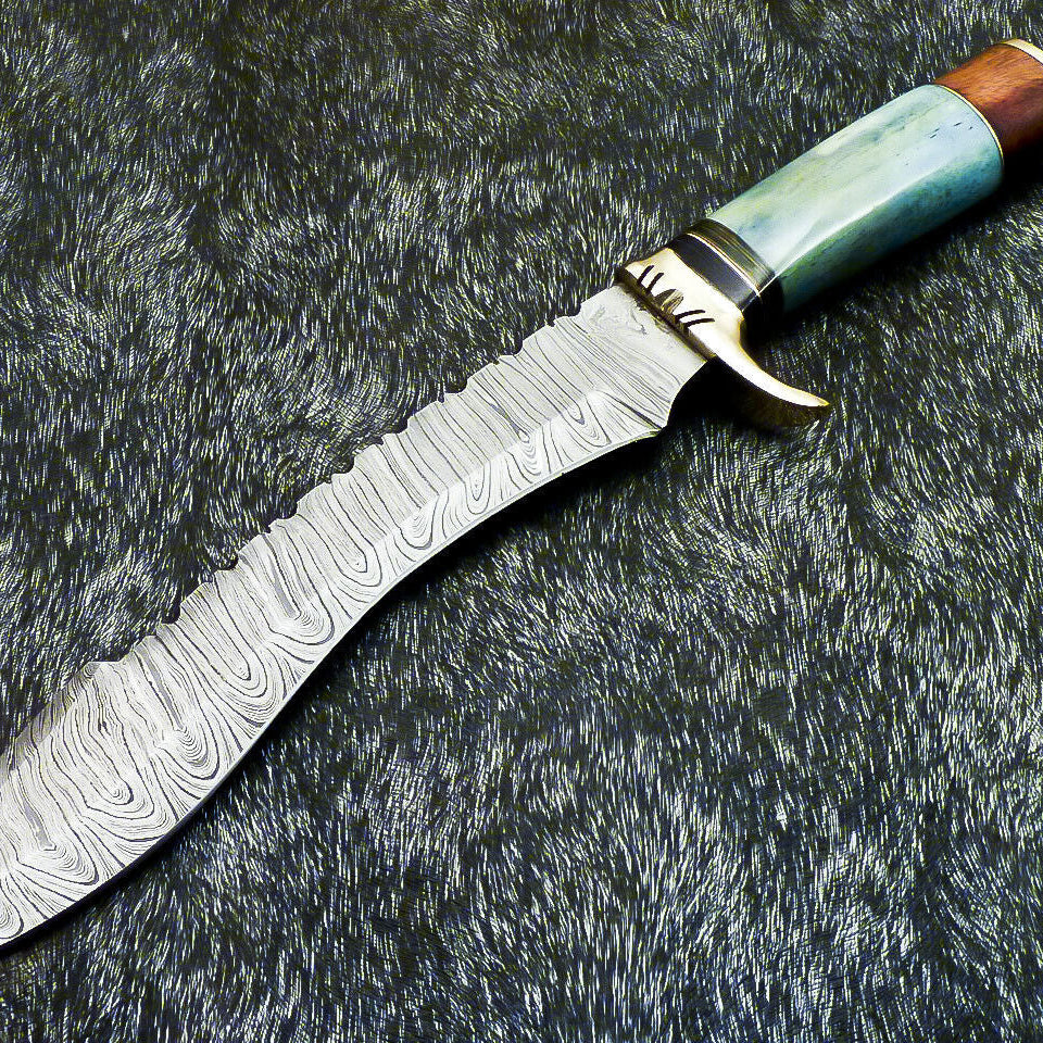 14" Hand Forged Damascus Hunting Bowie Knife | Camel Bone Handle