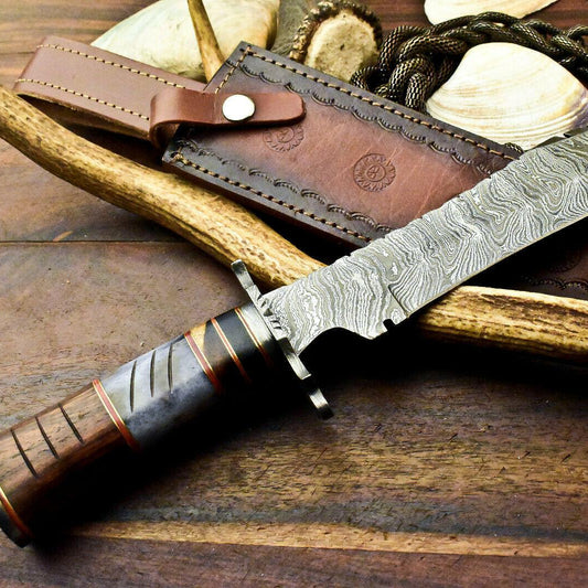 14" Handmade Damascus Bowie Knife – Camel Bone Handle, Leather Sheath