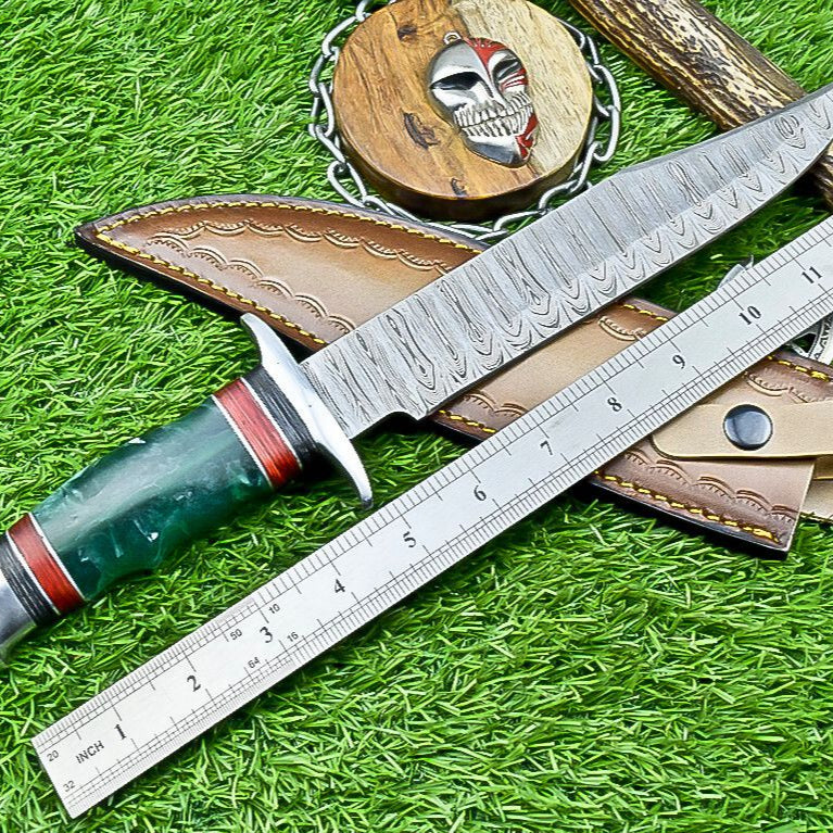 14" Handmade Damascus Steel Bowie Knife – Resin Handle & Leather Sheath