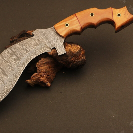 14" Handmade Ladder Damascus Steel Kukri Bowie Knife – Wood Handle with Sheath